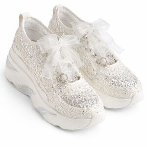 Stilo White lace sequined coquette platform sneakers heart bow bridal festival